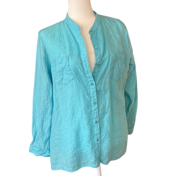 Eileen Fisher Light Blue Linen Button-Up Shirt Size Petite Large - Picture 1 of 8